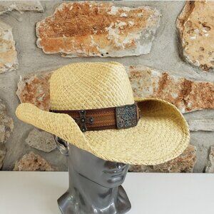 BULLHIDE straw Cowboy Hat Ranch Western Size M suede band Turquoise And Crosses